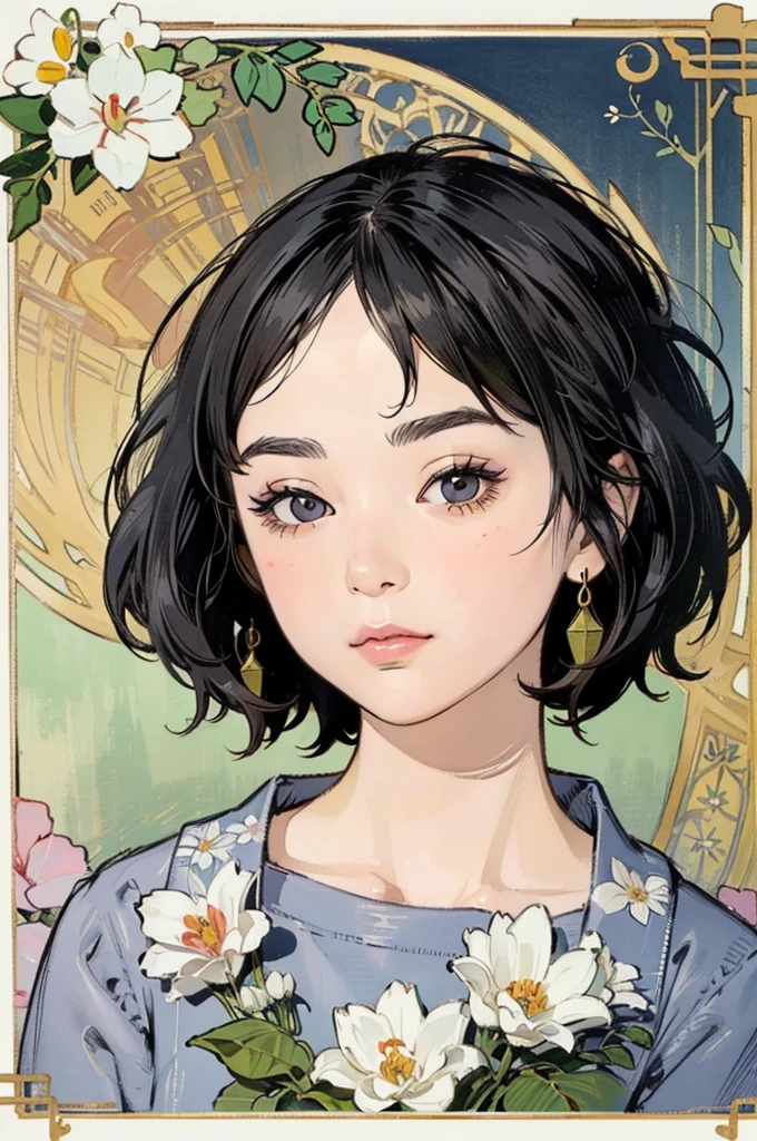 Detailed Background,Mucha style、Art Nouveau、Tarot Cards、Botanical Art,Flower Art,(Floral:1.2), (masterpiece, Highest quality),Vibrant colors,colorful, Highest quality, Amazing details, Anatomically correct, Line art, Written boundary depth,Flat Shading,Bokeh, girl, 24-years-old,, Face close-up、She has black hair。she has a wide forehead。She has no bangs。(Short Bob）。Brow wrinkles。nsfw