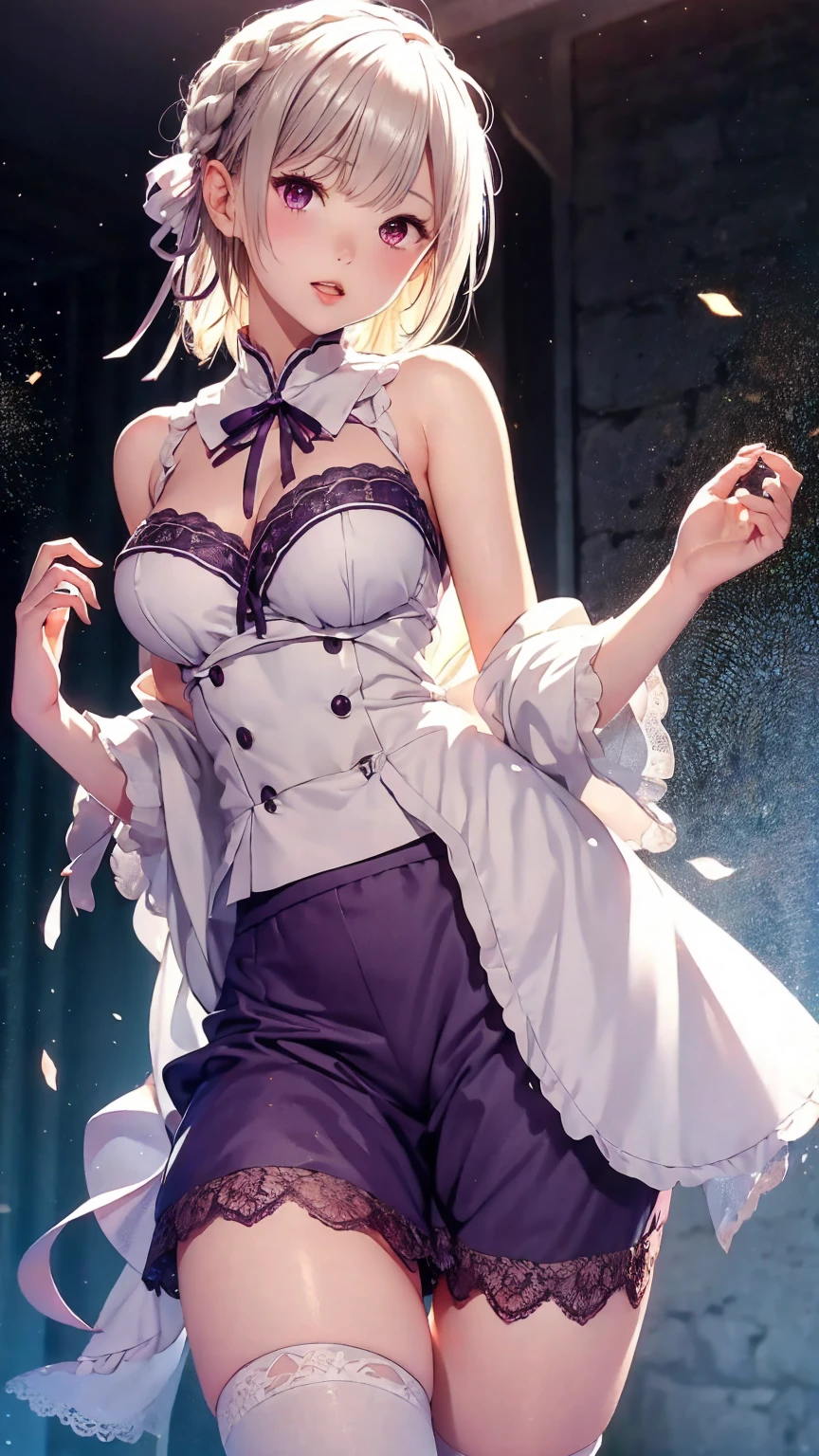 Super detailed、High quality and realistic skin texture、Particles of light:0.5、、Beautiful cleavage、Natural Texture、Lace shorts、Crystal clear blonde hair、A super low-rise skirt that shows off the pubic bone、Bold sexy pose、、ribbon