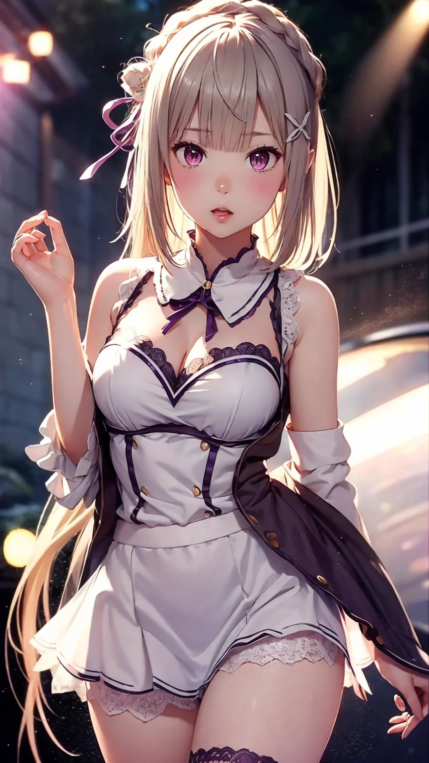 Super detailed、High quality and realistic skin texture、Particles of light:0.5、、Beautiful cleavage、Natural Texture、Lace shorts、Crystal clear blonde hair、A super low-rise skirt that shows off the pubic bone、Bold sexy pose、、ribbon