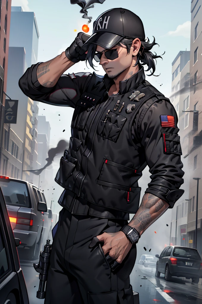 smoke, Asdev, black jacket, black shirt, vest, trousers, black trousers, fingerless gloves, baseball cap, sunglasses,
1 young man, battlefield, pistol, Aiming, bullet hole, peel, smoke, intense