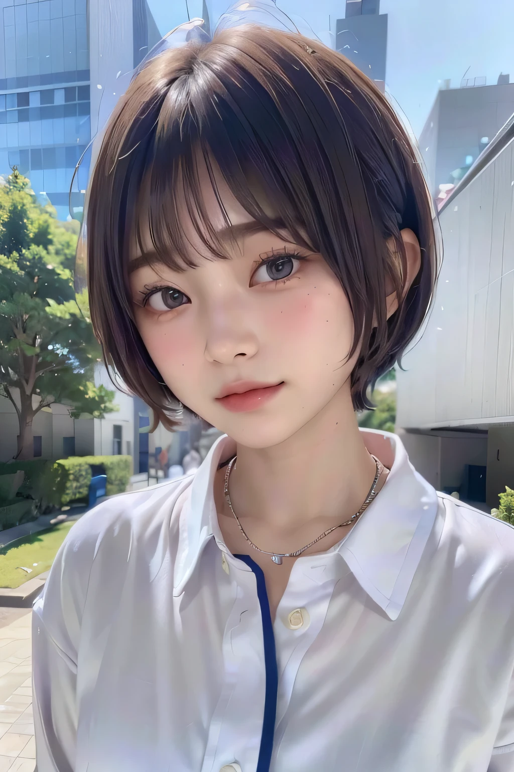 (Highest quality:1.3)、(Masterpiece:1.4)、Raw photo、8K、((Best image quality))、 ((High resolution))、Beautiful face in every detail、Realistic human skin、Gentle expression、(Cute natural anime face)、(One Woman:1.3)、Realistic、Photorealistic、short hair、(Beautiful woman)、((Cool Japan girl))、(boyish:1.5)、mannish、((Beautiful woman))、(Beautiful Hair)、((Dark brown hair))、(Blushing:1.5)、(Fashion Model:1.3)、(Every woman admires her face:1.3)、((Her eyes are big))、 year old beauty、(Small face)、Small Head、((Long neck))、(High school girls)、uniform、(Japanese high school uniform)、(High school girlsのuniform)、((White button-up shirt))、 shirt with a wide open chest)、Collared shirt、(necklace)、(The aspirations of young people)、(The center of attention in school:1.3 )、everyone will love her、You can almost see your cleavage、Attractive lips、[[smile]]、(She has a great figure)、((schoolyard))、 shy、Embarrassed