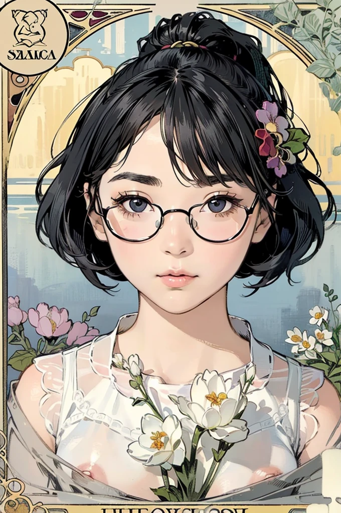 Detailed Background,Mucha style、Art Nouveau、Tarot Cards、Botanical Art,Flower Art,(Floral:1.2), (masterpiece, Highest quality),Vibrant colors,colorful, Highest quality, Amazing details, Anatomically correct, Line art, Written boundary depth,Flat Shading,Bokeh, girl, ,, Upper body close-up、She has black hair。she has a wide forehead。(tits、Nipples),((Thin and flat chest)).She has no bangs。(Black Hair、ponytail）。Black glasses、Brow wrinkles。nsfw