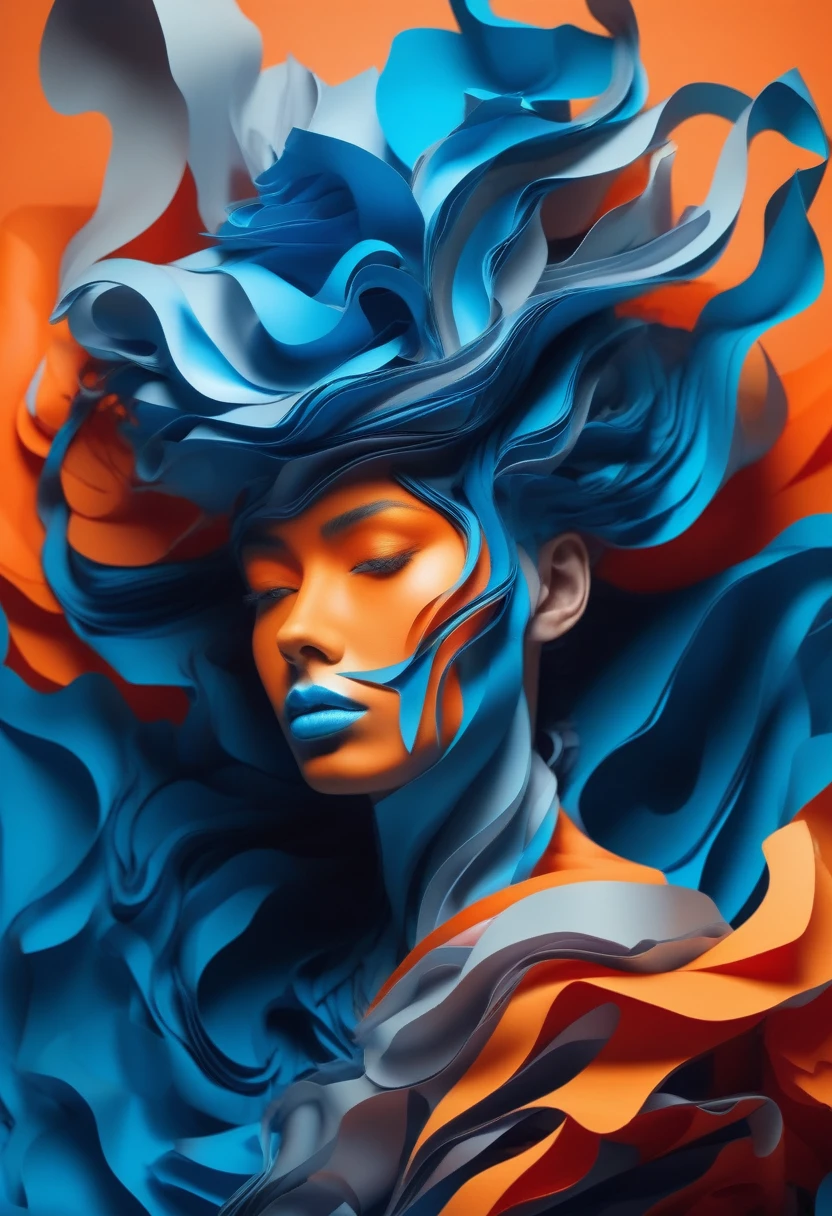 Surreal pictures, visually striking photo art, strange, slightly unsettling, hyper-detailed, 8k, A stunning digital illustration of a person with an elaborate, sculptural hairstyle composed of flowing, layered paper-like elements in shades of blue and gray against a vibrant orange background, in the style of Noe Digital Art.