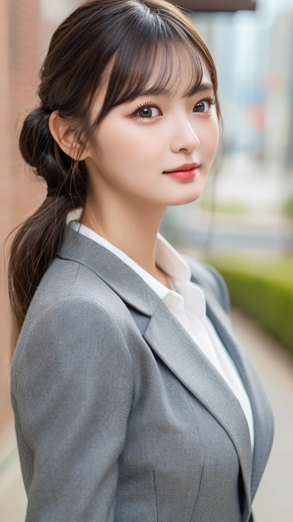 ((highest quality, 8K, masterpiece: 1.3)), 1 girl, slender beautiful girl: 1.3, (random hairstyle, normal breast: 1.2), super detailed face, fine eyes, double eyelid, gray suit, Walking happily in the business district