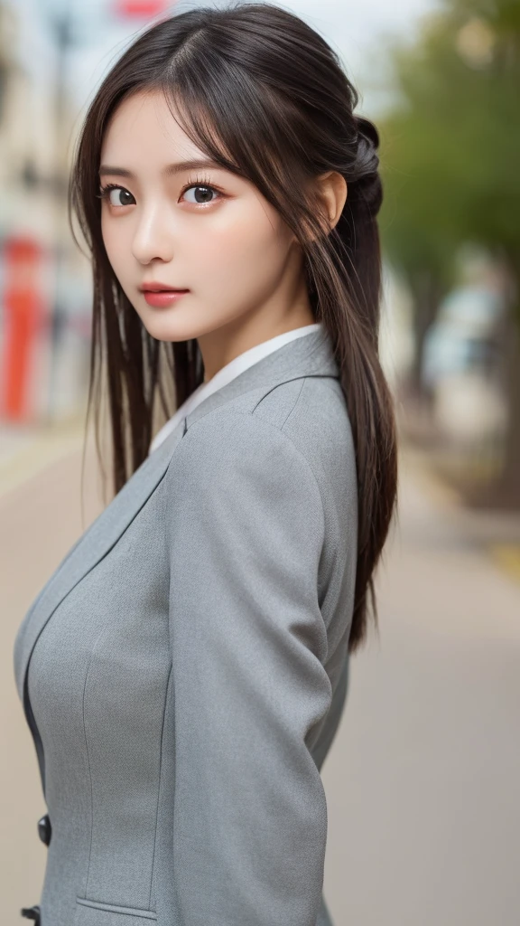 ((highest quality, 8K, masterpiece: 1.3)), 1 girl, slender beautiful girl: 1.3, (random hairstyle, normal breast: 1.2), super detailed face, fine eyes, double eyelid, gray suit, Walking happily in the business district