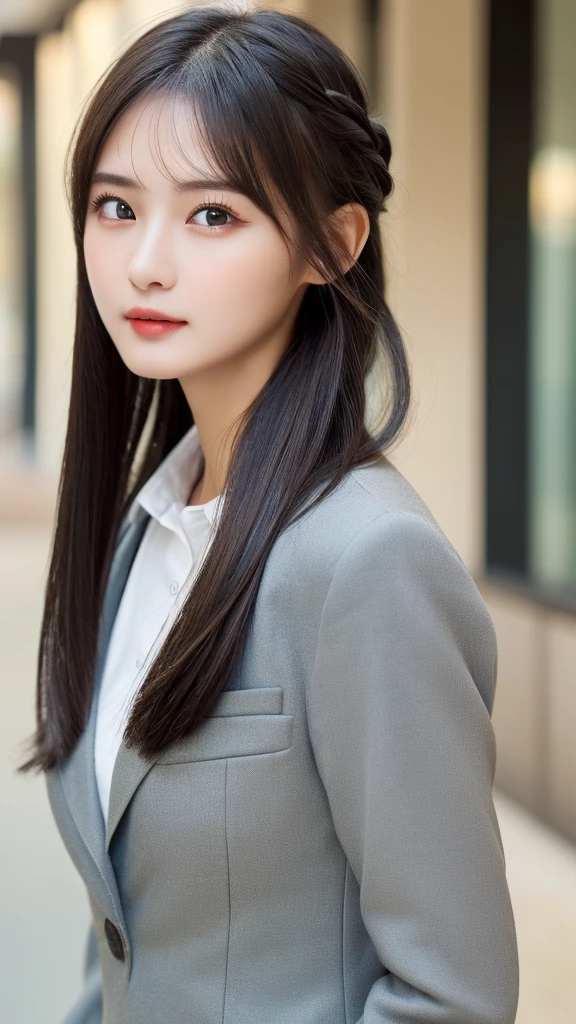 ((highest quality, 8K, masterpiece: 1.3)), 1 girl, slender beautiful girl: 1.3, (random hairstyle, normal breast: 1.2), super detailed face, fine eyes, double eyelid, gray suit, Walking happily in the business district