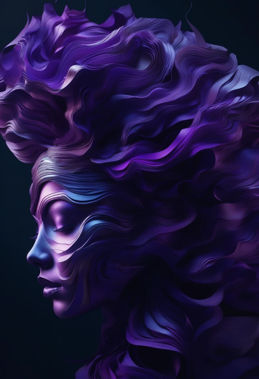 Surreal pictures, visually striking photo art, strange, slightly unsettling, hyper-detailed, 8k, A stunning digital illustration of a person with an elaborate, sculptural hairstyle composed of flowing, layered paper-like elements in shades of Purple and silver against a vibrant black background, in the style of Noe Digital Art.