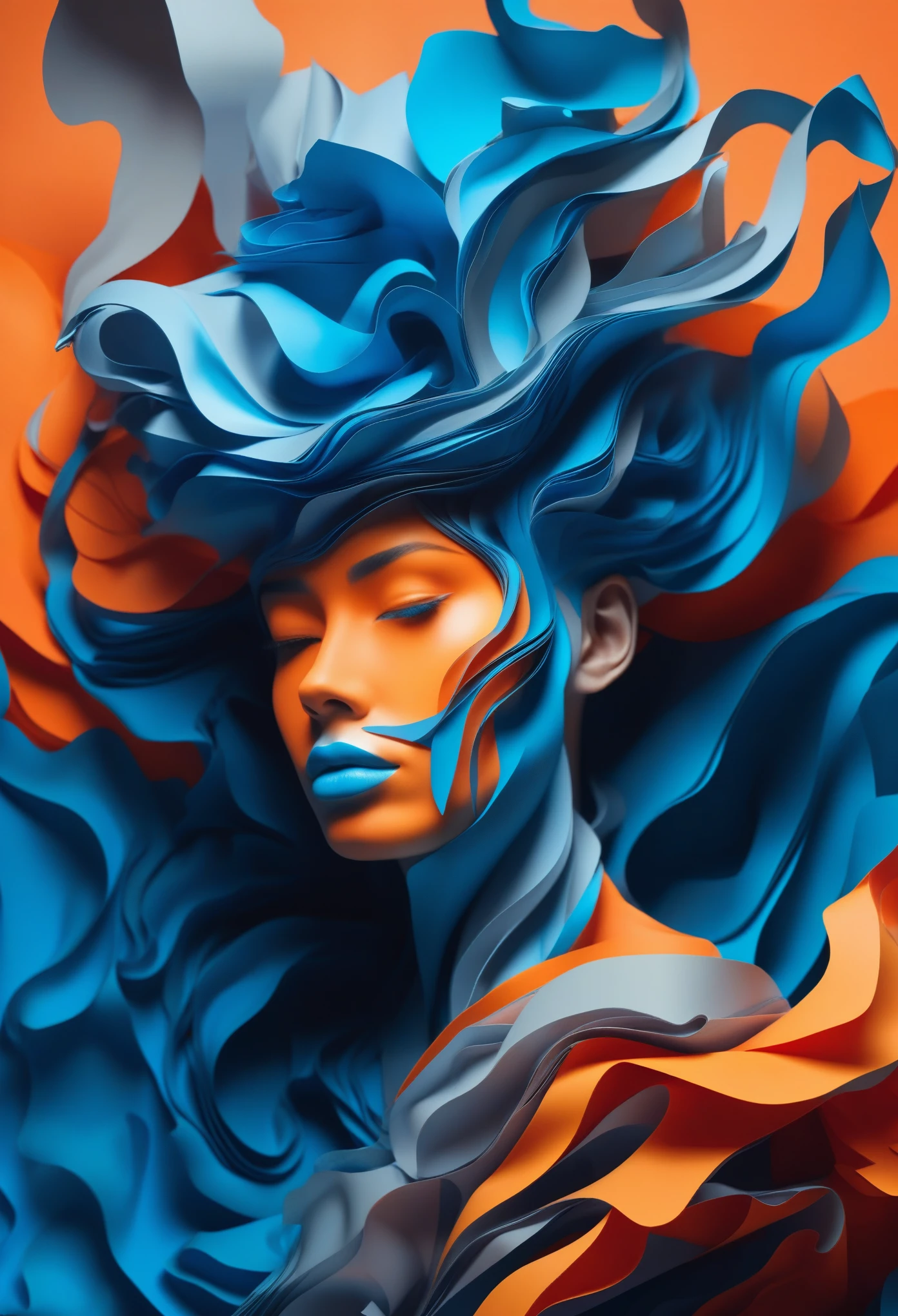 Surreal pictures, visually striking photo art, strange, slightly unsettling, hyper-detailed, 8k, A stunning digital illustration of a person with an elaborate, sculptural hairstyle composed of flowing, layered paper-like elements in shades of blue and gray against a vibrant orange background, in the style of Noe Digital Art.