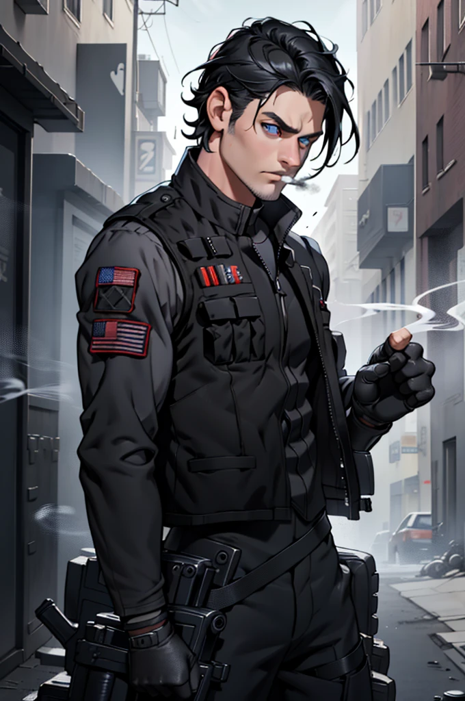 smoke, Asdev, black jacket, black shirt, vest, trousers, black trousers, fingerless gloves, blue eyes, black hair, 1 young rifle, battlefield, pistol, Aiming, bullet hole, peel, smoke, intense