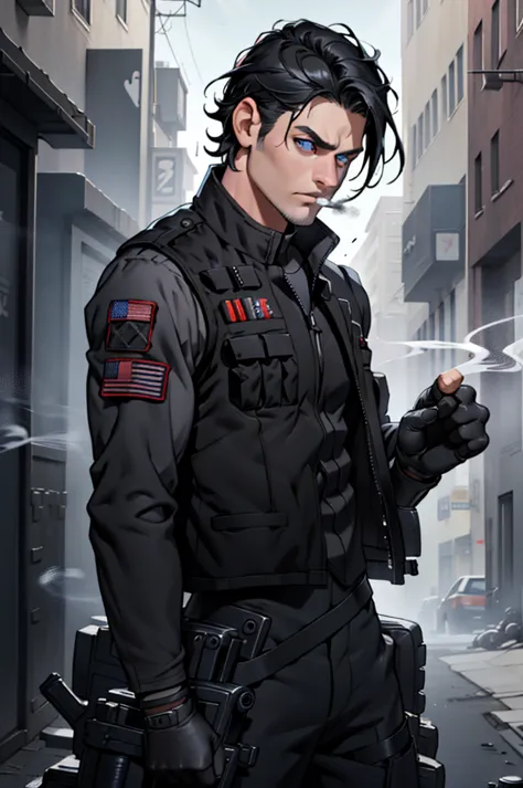 smoke, asdev, black jacket, black shirt, vest, trousers, black trousers, fingerless gloves, blue eyes, black hair, 1 young rifle...