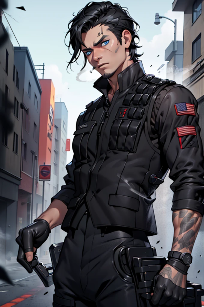 smoke, Asdev, black jacket, black shirt, vest, trousers, black trousers, fingerless gloves, blue eyes, black hair, 1 young rifle, battlefield, pistol, Aiming, bullet hole, peel, smoke, intense