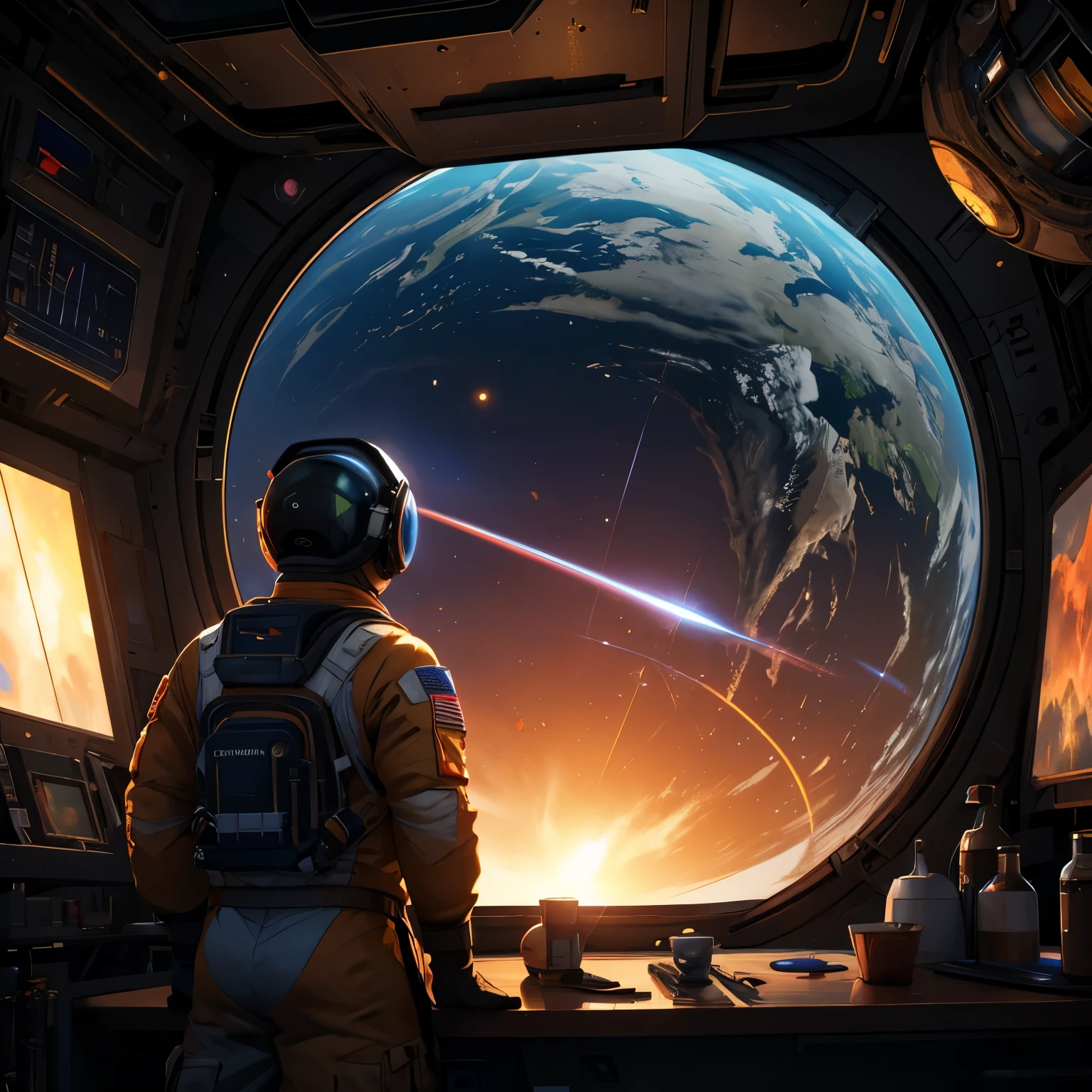 (best quality,8k,highres, masterpiece:1.2), ultra-detailed, HDR, UHD, studio lighting, ultra-fine painting, sharp focus, physically-based rendering, extreme detail description, professional, vivid colors, bokeh, portraits, concept artists, warm color palette, dramatic lighting,Astronaut, repairing outdoors on the space station, the Earth is visible, meteors,rear view,