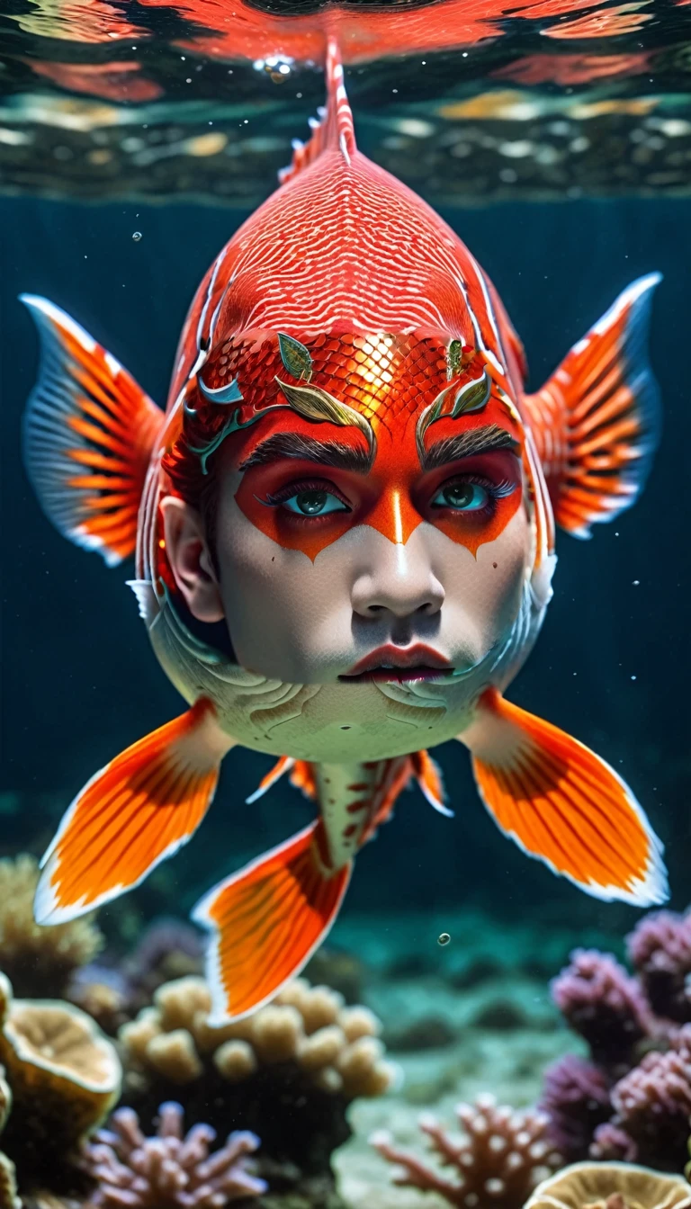 a red-skinned merman,intricate detailed face,piercing eyes,beautiful detailed lips,extremely detailed face and eyes,long eyelashes,scaled skin,vibrant red skin tones,dramatic lighting,cinematic composition,highly detailed digital art,cinematic lighting,fantasy,concept art,photorealistic,4k,8k,highres,masterpiece,ultra-detailed