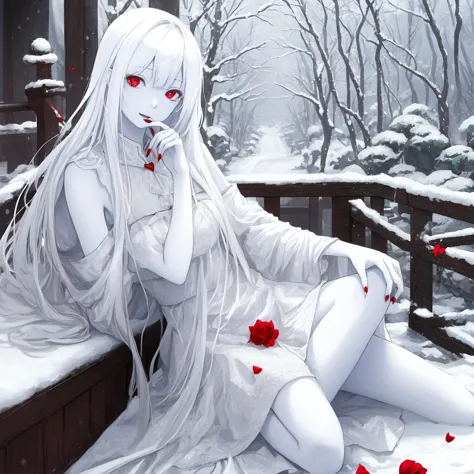 masterpiece、highest quality，high resolution，snow-white skin、pure white hair、vampire alice、red eyes、pure white skin、red nails、pur...