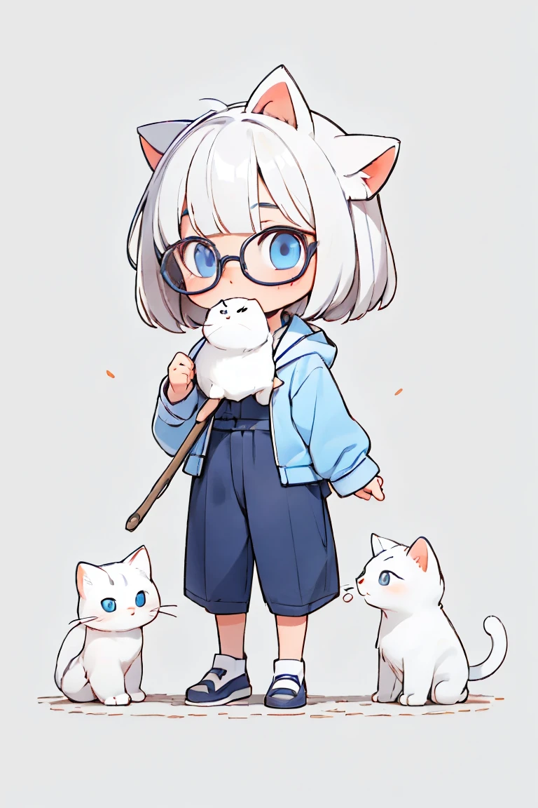 1 只戴眼镜的白猫，穿蓝色衣服，骄傲的眼神，干净的背景