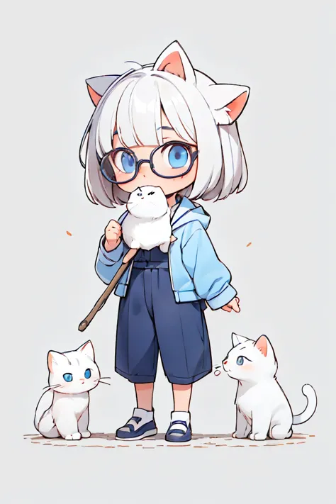 1 white cat wearing glasses，Male cat，Wear blue，Proud eyes，Clean background