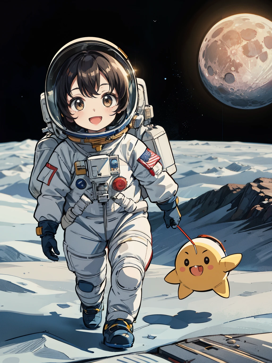 masterpiece, best quality, super detailed, solo, cute chibi astronaut girl, wearing spacesuits and space helmet and gloves, ((walking on the moon)), happy smile, open mouth, planets