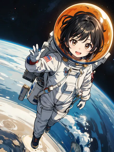 masterpiece, best quality, super detailed, cute chibi astronaut girl, wearing spacesuits and space helmet and gloves, walking on...