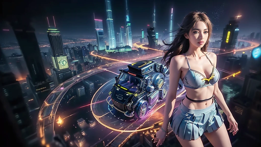 At night, dark sky, (((aerial view of futuristic sci-fi cyberpunk city, skyscrapers, (((((flying cars))))), (vortex-spirit-spreading giant ghost hologram (((clock tower))) as time machine), high quality))). Matrix style, (1girl, solo), photo realistic, (((large-breast:1.2 slim body, cleavage:1.3, tube top, very short pleated (((miniskirt))) exposing panty))), (((((matrix style black (((sunglasses))), aiming at camera with a (laser weapon):0.3))))), (((dynamic pose, half-body (thigh level) medium shot))), cinematic lighting.