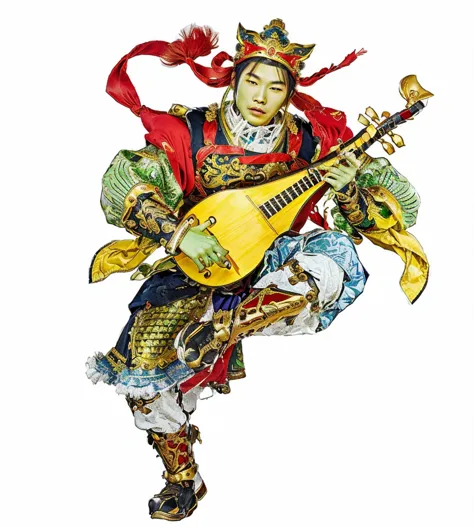 a green skin chinese male warrior playing lute (musical instrument), The Four Heavenly Kings, red deity ribbon, yellow robe

