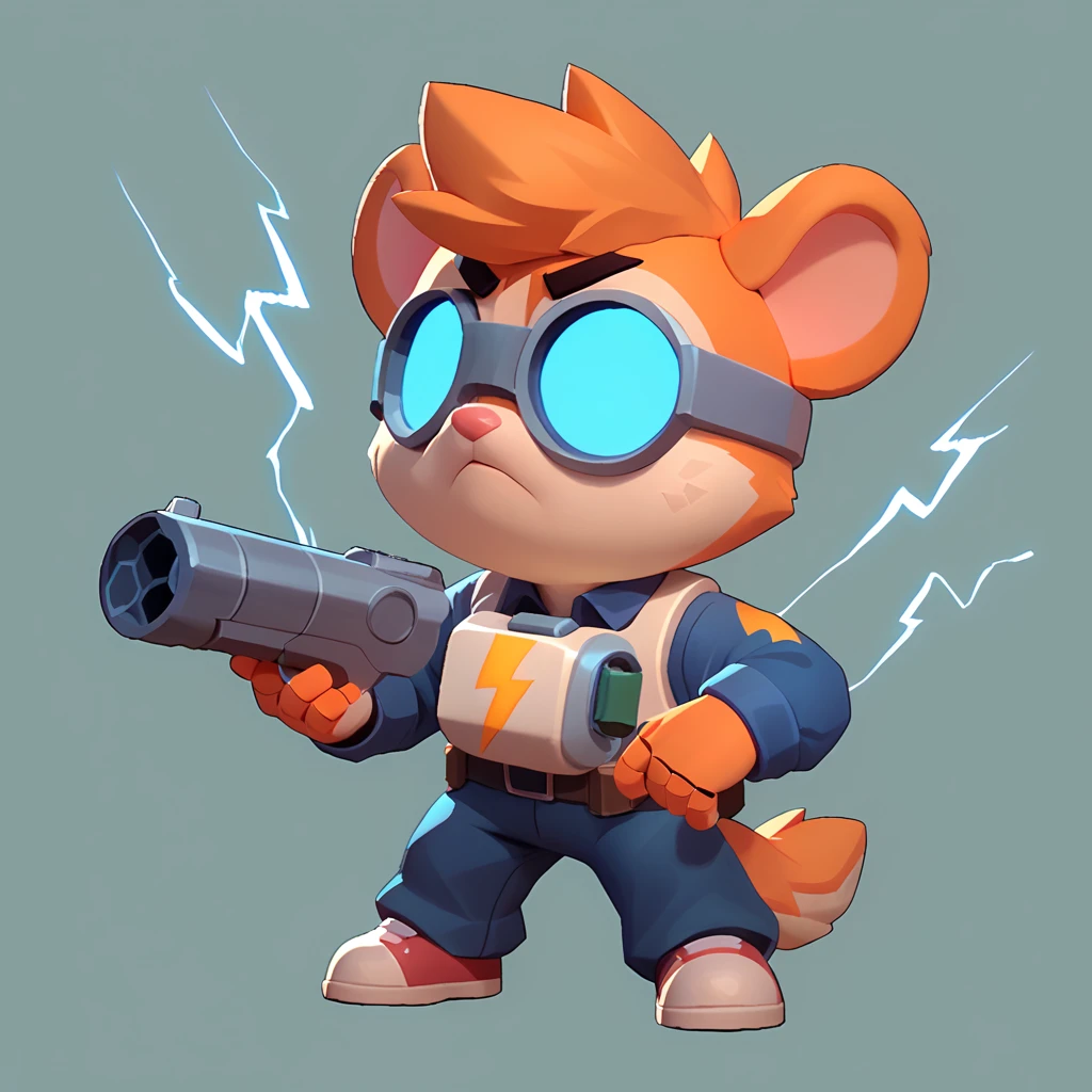 a orange hamster, controlling an anthropomorphic robot, red and white, lightning pattern, with a gun instead of the left hand