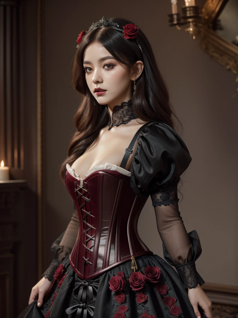 Corset sous-buste gothique 8k, chef-d&#39;œuvre, highly détaillé, 1fille, (rouge), tout le corps, Longue robe, des roses, (Chemisier en dentelle), Ornement de cheveux rose, sombre, mystérieux, hanté, Spectaculaire, orné, détaillé