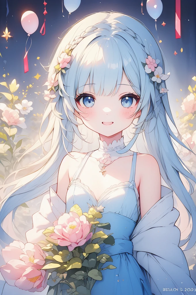 masterpiece, best quality, extremely detailed, (illustration, official art:1.1),adorable face、 1 girl ,(((( light blue long hair)))),pale blue hair,, long hair、 ((blush)) , cute face, big eyes, masterpiece, best quality,(((((a very delicate and beautiful girl))))),Amazing,beautiful detailed eyes,blunt bangs((((little delicate girl)))),tareme(true beautiful:1.2), sense of depth,dynamic angle,toddler,, affectionate smile, (true beautiful:1.2),,(tiny 1girl model:1.2),)flat chest、(top-quality、8K、32K、​masterpiece、nffsw:1.2)、Photo of a silver-haired blue-eyed woman with a cute smile、birthday 、Present Box、Lots of balloons、hair adornments、pink there、赤ずきん：1.3， ((Single braid：2))、、Gothic & Lolita、rococo fashion、Victorian costume、Background is Europe、(PastelColors:1.3)、(Cute illustration:1.3)、(watercolor paiting:1.1)、1girl in：1.3、Senior fairy laughing in bouquet of flowers、Fairy feathers：1.3
