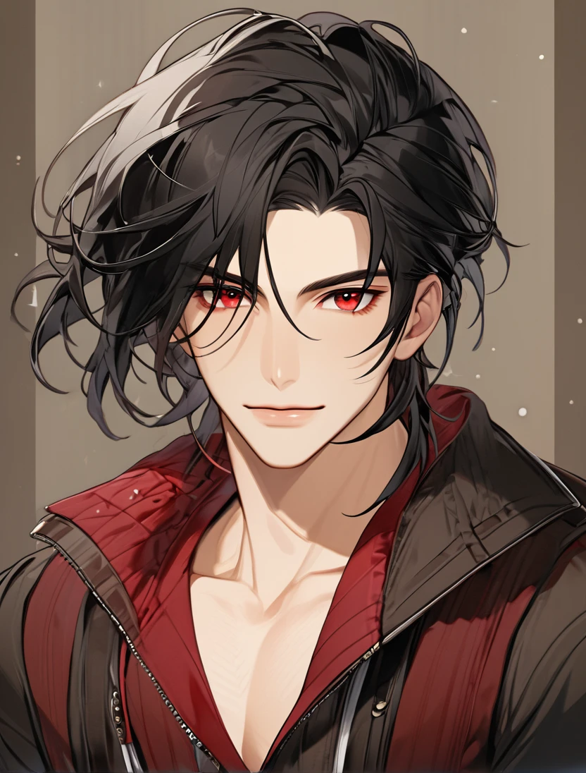 (Black_Hair), (red_ruby_eyes), (Handsome), (attractive), (male), (close_up_shot), (detailed_eyes), (detailed_hair), (clean_hair), (carefree_expression), (vertical_pupils), (peaceful_atmosphere), (majestic_jawline), (manly_face)