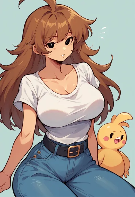 1chica, long brown hair with messy bangs, big breasts, blue jeans pants with black belt, big hips, camisa abotonada sin mangas, ...