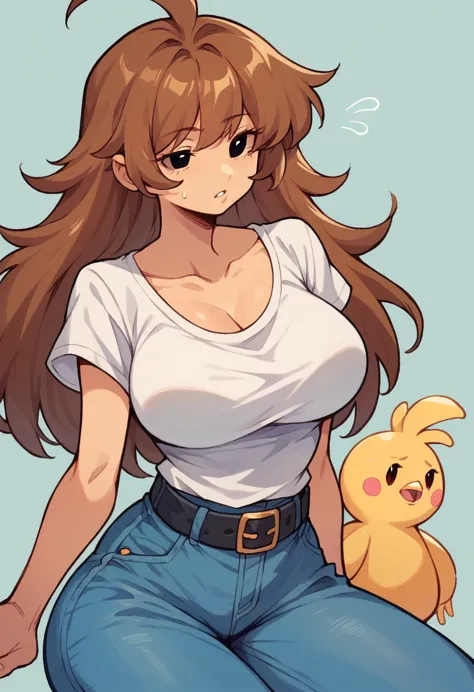 1chica, long brown hair with messy bangs, big breasts, blue jeans pants with black belt, big hips, camisa abotonada sin mangas, ...