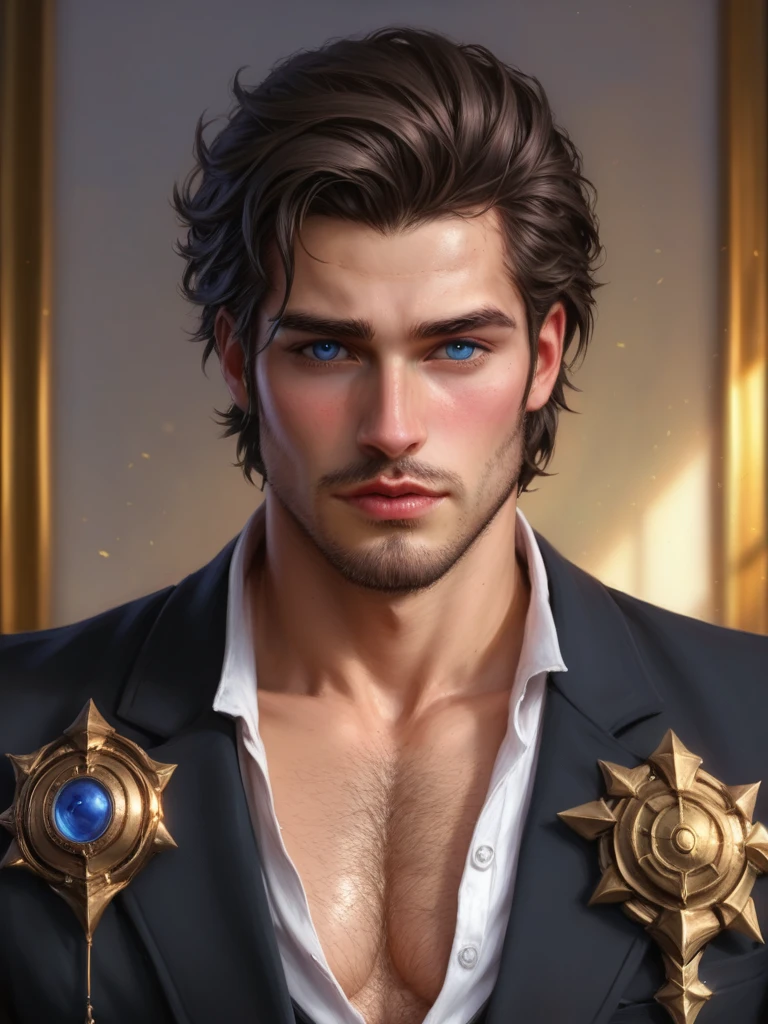 score_9, score_8_up, realistic, A handsome man, chest showing, body hair, Artwork, best quality, high resolution, Close-up portrait, bad, Greek God, fantasy, league of legends style, beautiful figure painting, bright light, Amazing composition, front view , hdr, volumetric lighting, ultra quality, elegant, highly detailed
