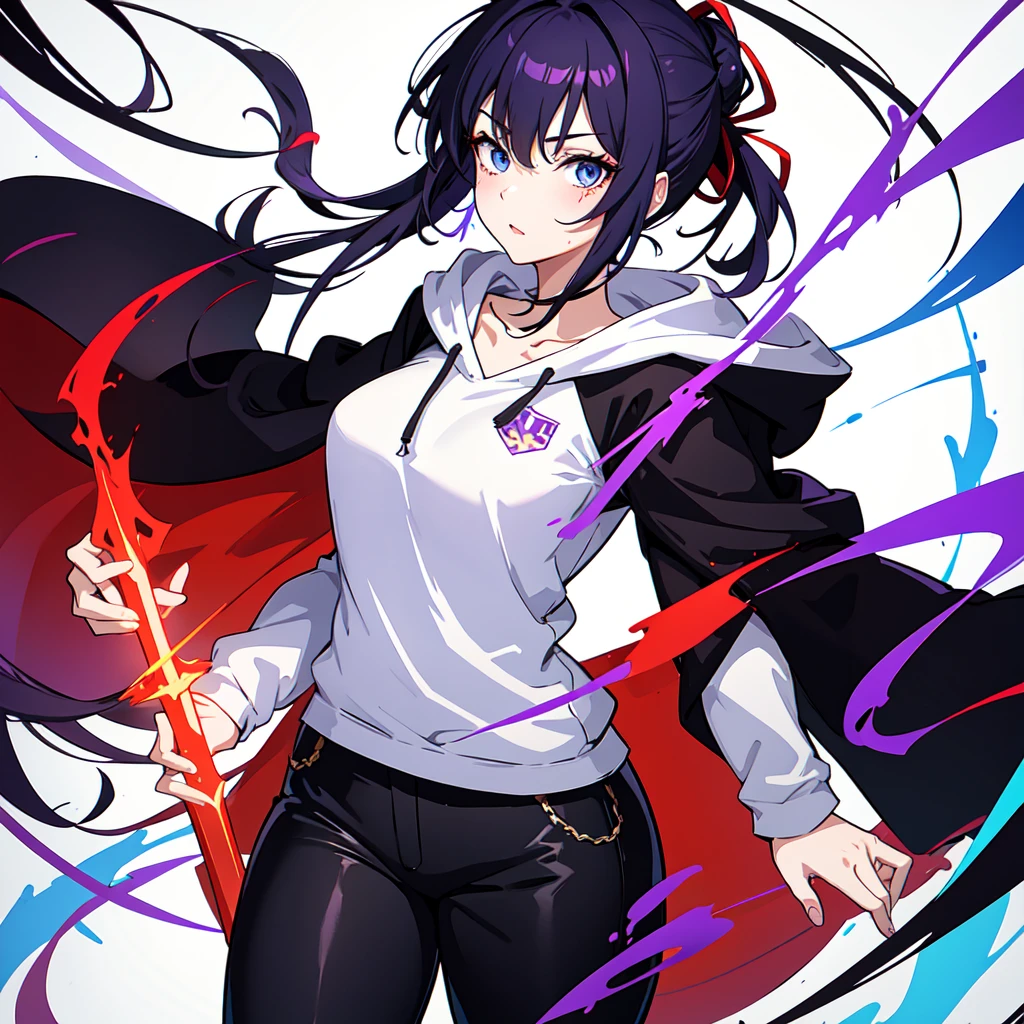 With a sword, Mature face,tall, Wearing black tights,Blue Eyes. Updo, Wearing a hoodie, He wore black trousers, whole body黒の服, The skin is hidden　and (Ink blotches:1.1), (pale:1.2),(purple:1.2),(Red/Black:1.2), I was wearing long pants,cool,Dressed in a black robe, Toned body, Wine red hair, one big woman, Nervous,Cowboy Shot, sketch (Character design sheet, same characters, whole body, Three-View, front, ~ ~ ~ side, return),(Very bright:1.1), White Background, [1 Girl:7], (Tilt your head:1.2), ([sketch|watercolor \(Moderate\)]:1.15),Chaotic Abstract Background, Vector Trace, Gradient Blending, Bright colors, that&#39;wonderful, Very detailed, Complex, (Very low contrast:1.4)
