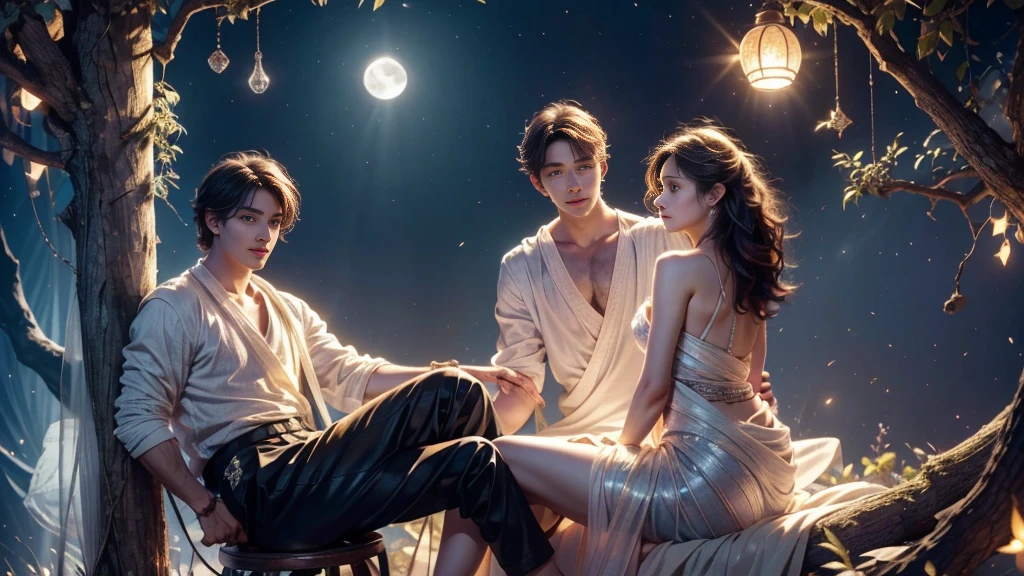 Romantic ancient style，night，Backlight，A man and a woman sitting on a tree branch，There is a full moon behind，Alexander，repeat，Fresh colors，Soft colors，Diode lamp，Concept art style，Extremely complex details，Clear distinction between light and dark，layered，Ultra HD