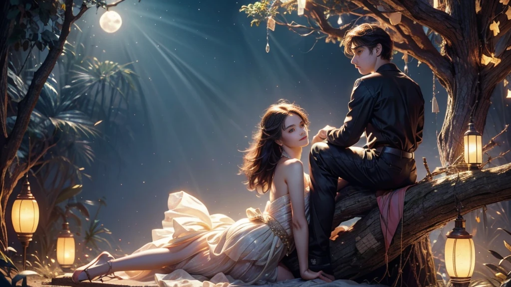 Romantic ancient style，night，Backlight，A man and a woman sitting on a tree branch，There is a full moon behind，Alexander，repeat，Fresh colors，Soft colors，Diode lamp，Concept art style，Extremely complex details，Clear distinction between light and dark，layered，Ultra HD