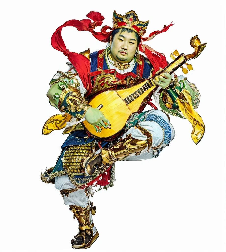 a green skin fat chinese male warrior playing lute (musical instrument), The Four Heavenly Kings, red deity ribbon, yellow robe, fat chin, 40 year old, white (light blue) pants
