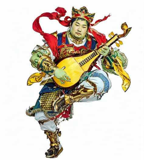 a green skin fat chinese male warrior playing lute (musical instrument), The Four Heavenly Kings, red deity ribbon, yellow robe,...