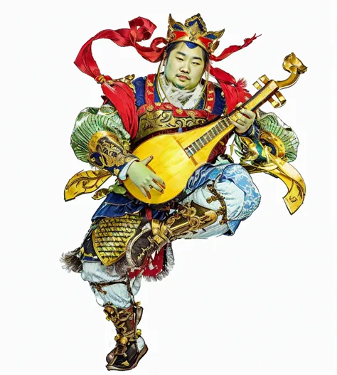 a green skin fat chinese male warrior playing lute (musical instrument), The Four Heavenly Kings, red deity ribbon, yellow robe,...