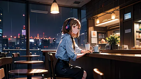 20-year-old female, 90s anime style, rain, coffee shop,, woman wearing headphones, late night cafe,listening to music alone, cit...