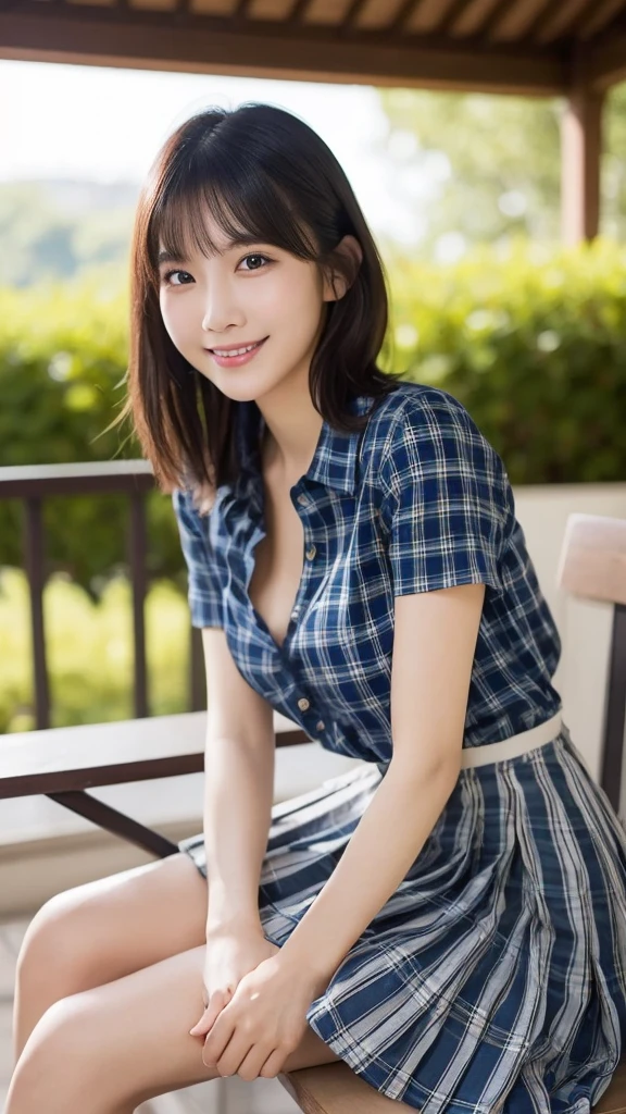 (Highest quality: 1.5), (Realistic: 1.5), (1 person: 1.5), Very detailed, High resolution, 8K,Natural color lips, Cute Smile, Japanese women, 20-year-old girl, Beautiful and elegant features, Perfect and beautiful face, Balanced big eyes, Beautiful and elegant features, Natural double eyelids, Natural Bangs, Beautiful thin nose, Beautiful Skin, Medium Bob Hair , Natural Bangs , Perfect and beautiful face, Slim face and figure, Blue summer sky, (Looking at the camera with a sweet smile), Bright lighting, Professional Lighting, Forward lighting, Beautiful feet: 1.2, Smooth Skin, Slender body, Slim waistline, slim thin thighs,  Cleavage, Detailed clothing, (Short sleeve dress shirt:1.5), (Pleated skirt:1.5), Checkered Pleated Micro Mini Skirt, Short sleeve dress shirt,  Ultra HD, Realistic, squat,sit