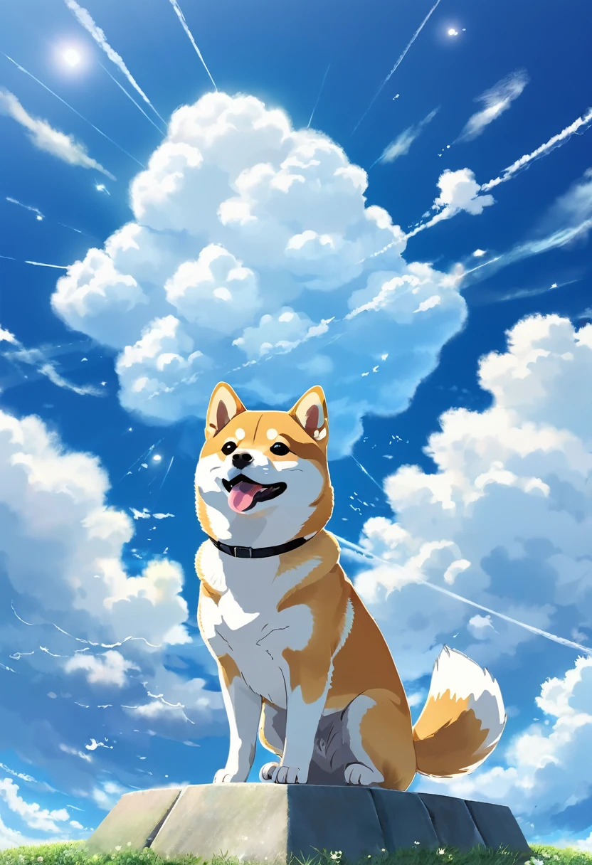 Niedliche Shiba Inu-Illustration、Anime-Stil、blauer Himmel、Cumulonimbus