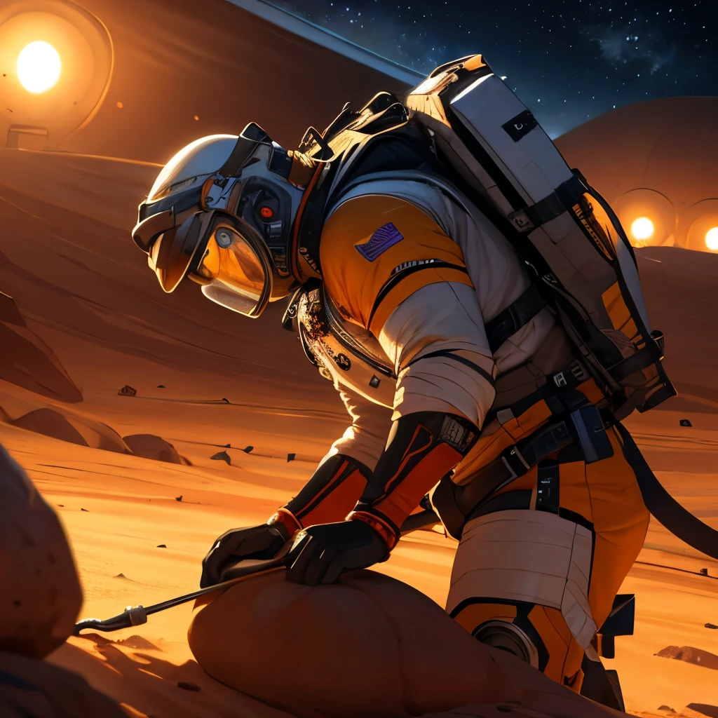 (best quality,8k,highres, masterpiece:1.2), ultra-detailed, HDR, UHD, studio lighting, ultra-fine painting, sharp focus, physically-based rendering, extreme detail description, professional, vivid colors, bokeh, portraits, concept artists, warm color palette, dramatic lighting,astronauts, Mars, plowing fields, holding hoes in their hands, vigorously growing tomatoesside view,