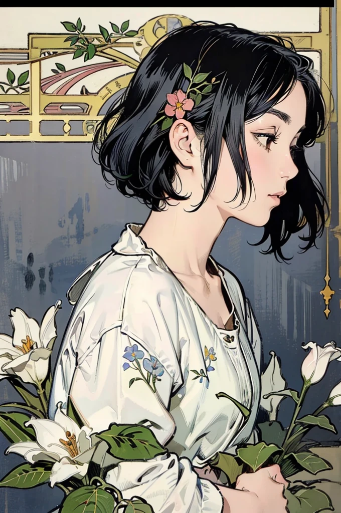 Detailed Background,Mucha style、Art Nouveau、Tarot Cards、Botanical Art,Flower Art,(Floral:1.2), (masterpiece, Highest quality),Vibrant colors,colorful, Highest quality, Amazing details, Anatomically correct, Line art, Written boundary depth,Flat Shading,Bokeh, girl, 12 years old,, profile、She has black hair。she has a wide forehead。She has no bangs。(Short Bob）。Brow wrinkles。nsfw