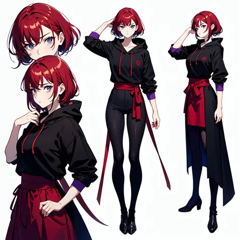 Ready your sword, Mature face,tall, Wearing black tights,Blue Eyes. Red/Blackい髪, Updo, Wearing a hoodie, He wore black trousers,...