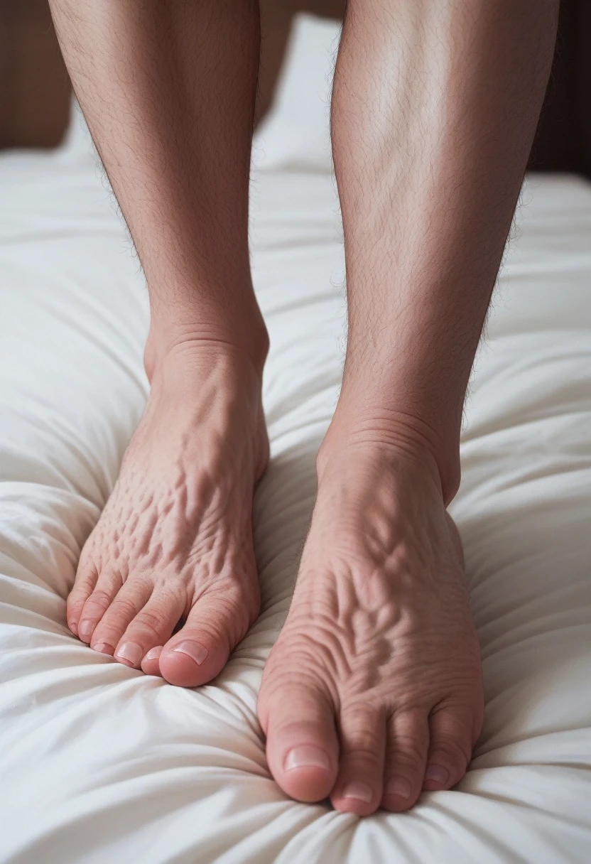 A close-up image showing a person with extremely hairy legs and feet  standing in - SeaArt AI