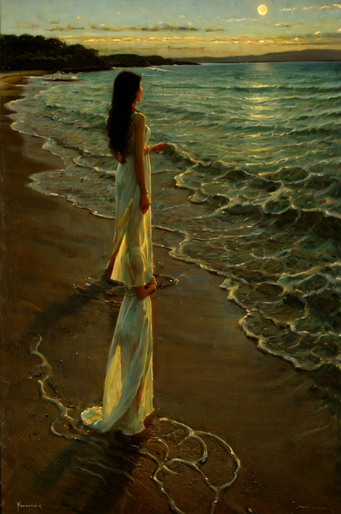 (((Oil paint))) , detailed face, 8K, 1girl, full body, beautiful European woman, cute 20 year old woman, floating hair, long black hair, wavy hair, walking along beach, lace white dress, on the ocean, perfect face, perfect body, perfect proportions, big breasts, big lips, big eyes, green eyes, narrow waist, High-quality texture, tan skin, naughty, sexy, intricate details, lean body, solo focus, Beach Sand, serene beach, late evening, moon light, gentle waves, epic scene, aesthetic