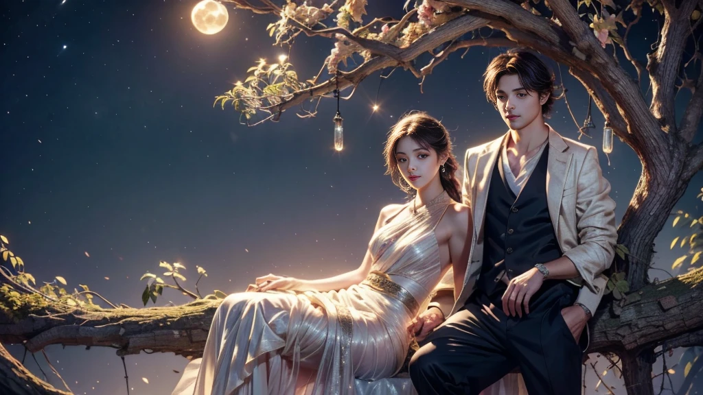 Romantic ancient style，night，Backlight，A man and a woman sitting on a tree branch，There is a full moon behind，Alexander，repeat，Fresh colors，Soft colors，Diode lamp，Concept art style，Extremely complex details，Clear distinction between light and dark，layered，Ultra HD