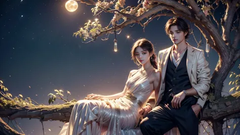 Romantic ancient style，night，Backlight，A man and a woman sitting on a tree branch，There is a full moon behind，Alexander，repeat，F...