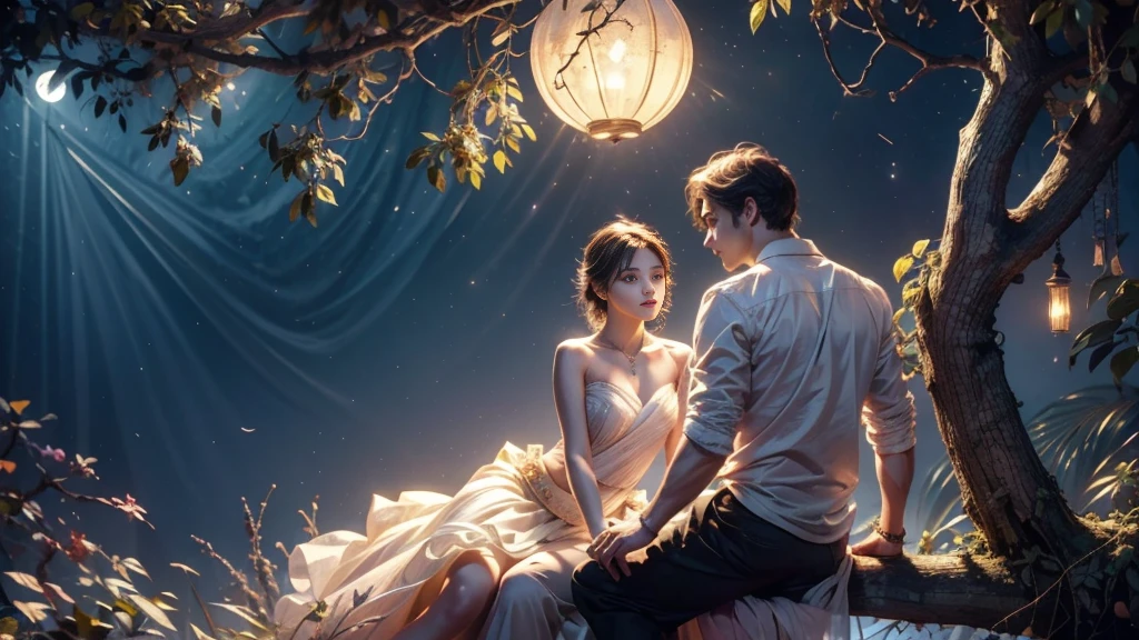 Romantic ancient style，night，Backlight，A man and a woman sitting on a tree branch，There is a full moon behind，Alexander，repeat，Fresh colors，Soft colors，Diode lamp，Concept art style，Extremely complex details，Clear distinction between light and dark，layered，Ultra HD