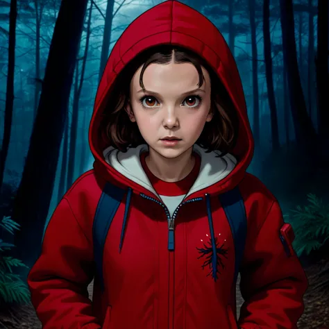 front view, milli3 woman, millie bobby brown, mbb, wearing a red jacket and a hood in a dark forrest, horror style, stranger thi...