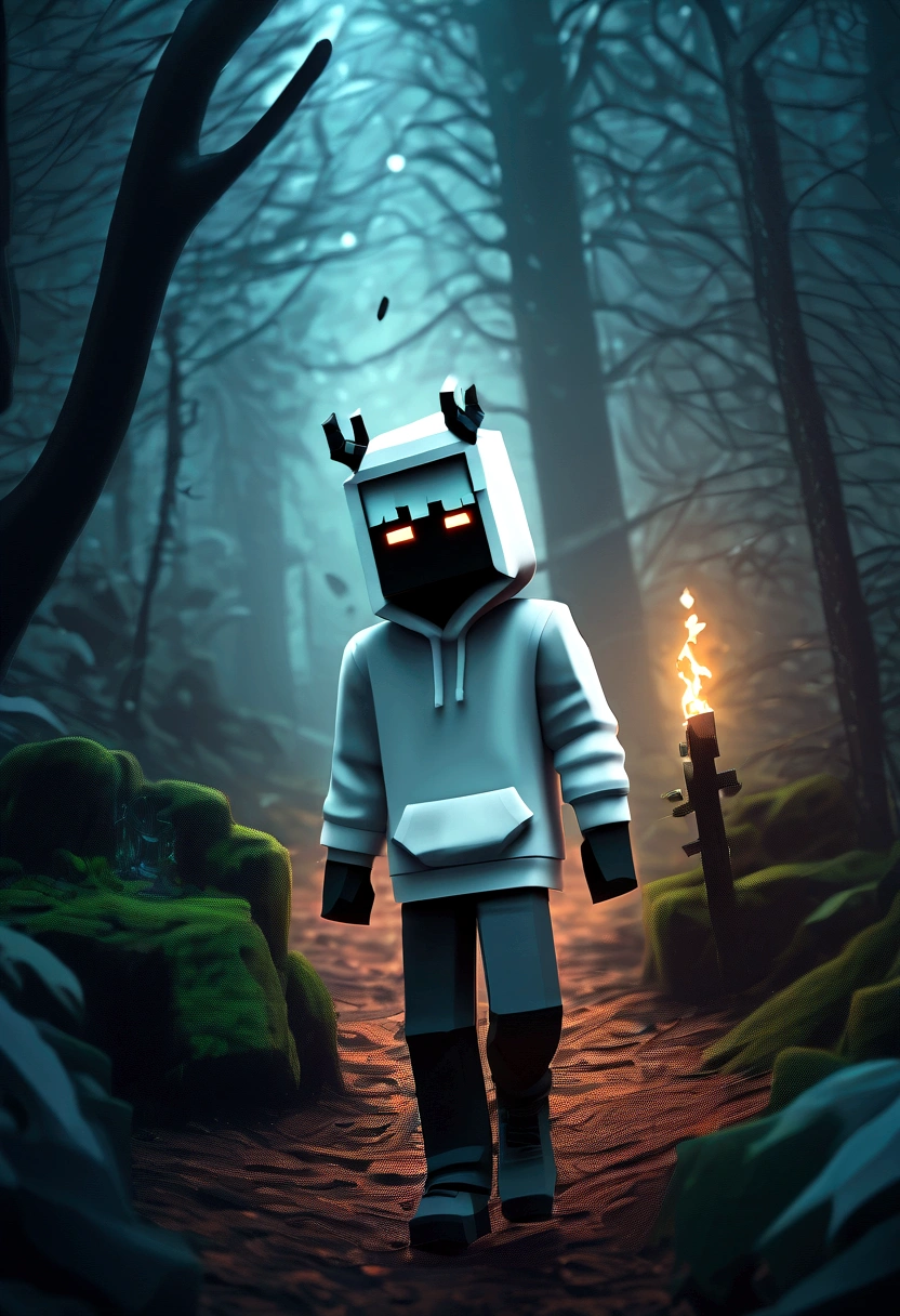 Personnage de Minecraft, Apparence DanTDM, Se promener dans une forêt, minuit garçon, blanc, aux cheveux gris, wearing a blanc hoodie and black demon horns,